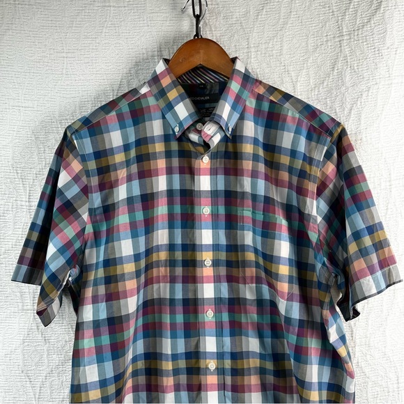 Leo Chevalier Men L Shirt Vtg Plaid Check Colorful Light Cotton No Iron Button - Picture 5 of 16